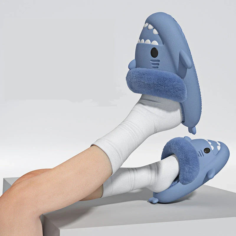 Cozy Shark Slippers with plush, fuzzy interior and thick, non-slip sole for comfortable, warm house shoes