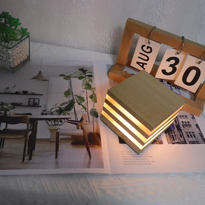 Cozy wooden LED night light with a warm, soothing glow in a Nordic-inspired design
