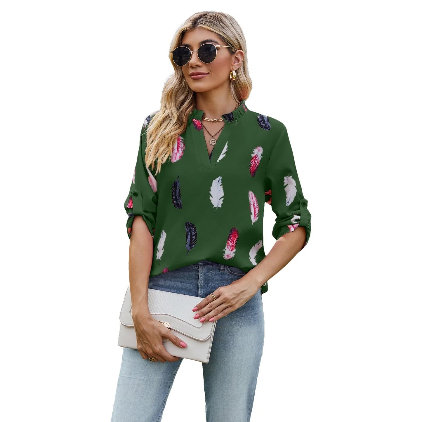 V-neck feather printed loose shirt in various colours