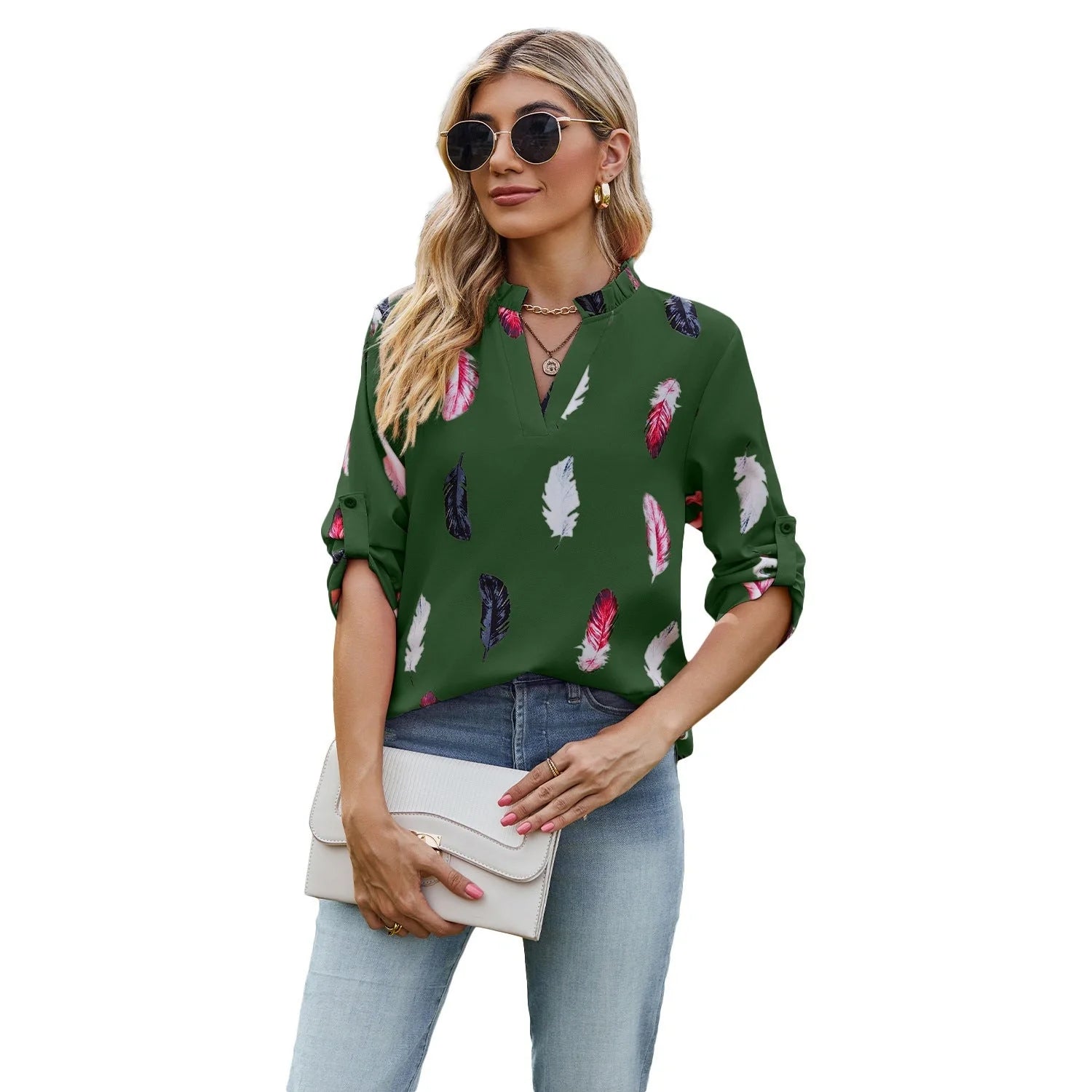 V-neck feather printed loose shirt in various colours