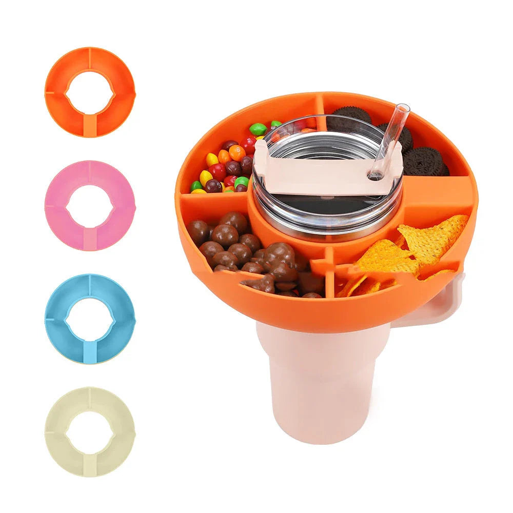 Silicone snack tray with four compartments designed to fit 40 oz tumblers, available in various colors
