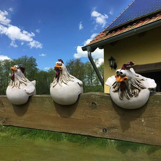 Charming resin chicken garden ornament with vibrant colours and playful design, perfect for adding a whimsical touch to outdoor spaces