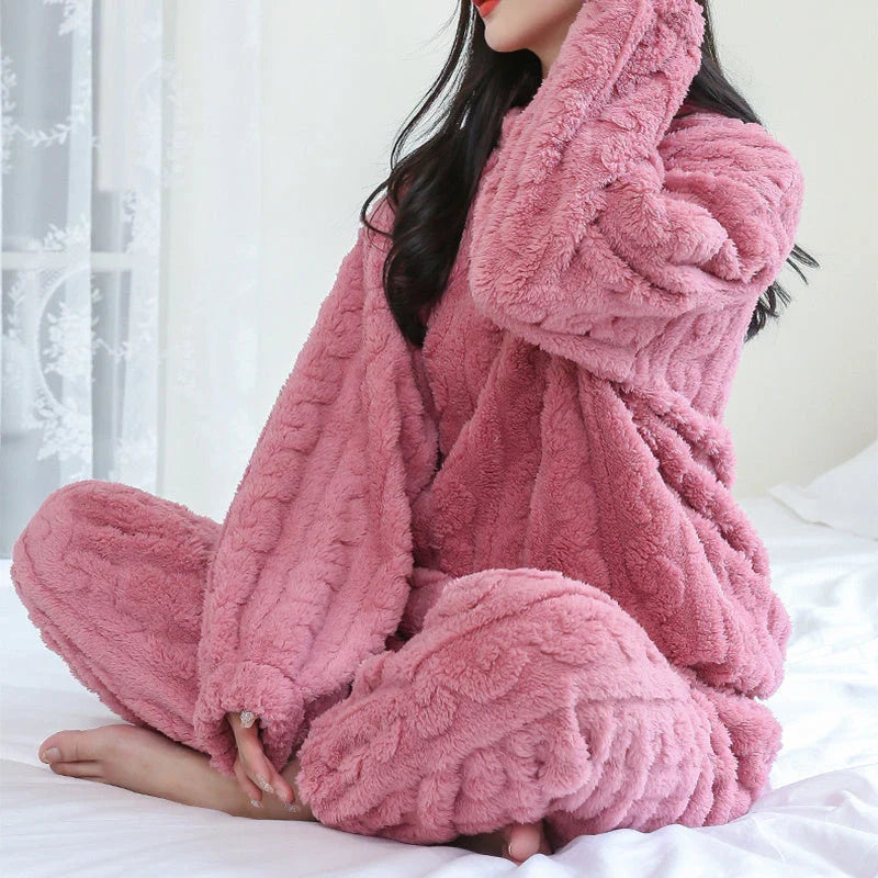 Cozy coral velvet pajama set with long sleeves and drawstring trousers for indoor and outdoor casual wear