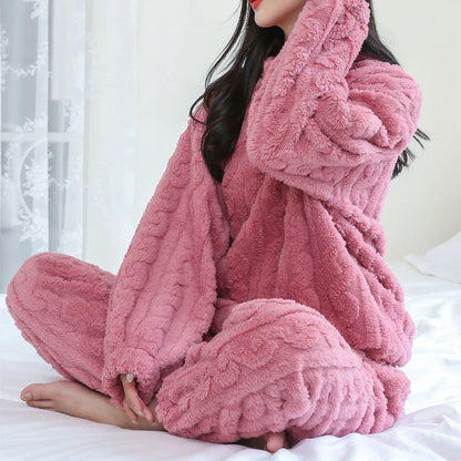 Cozy coral velvet pajama set with long sleeves and drawstring trousers for indoor and outdoor casual wear