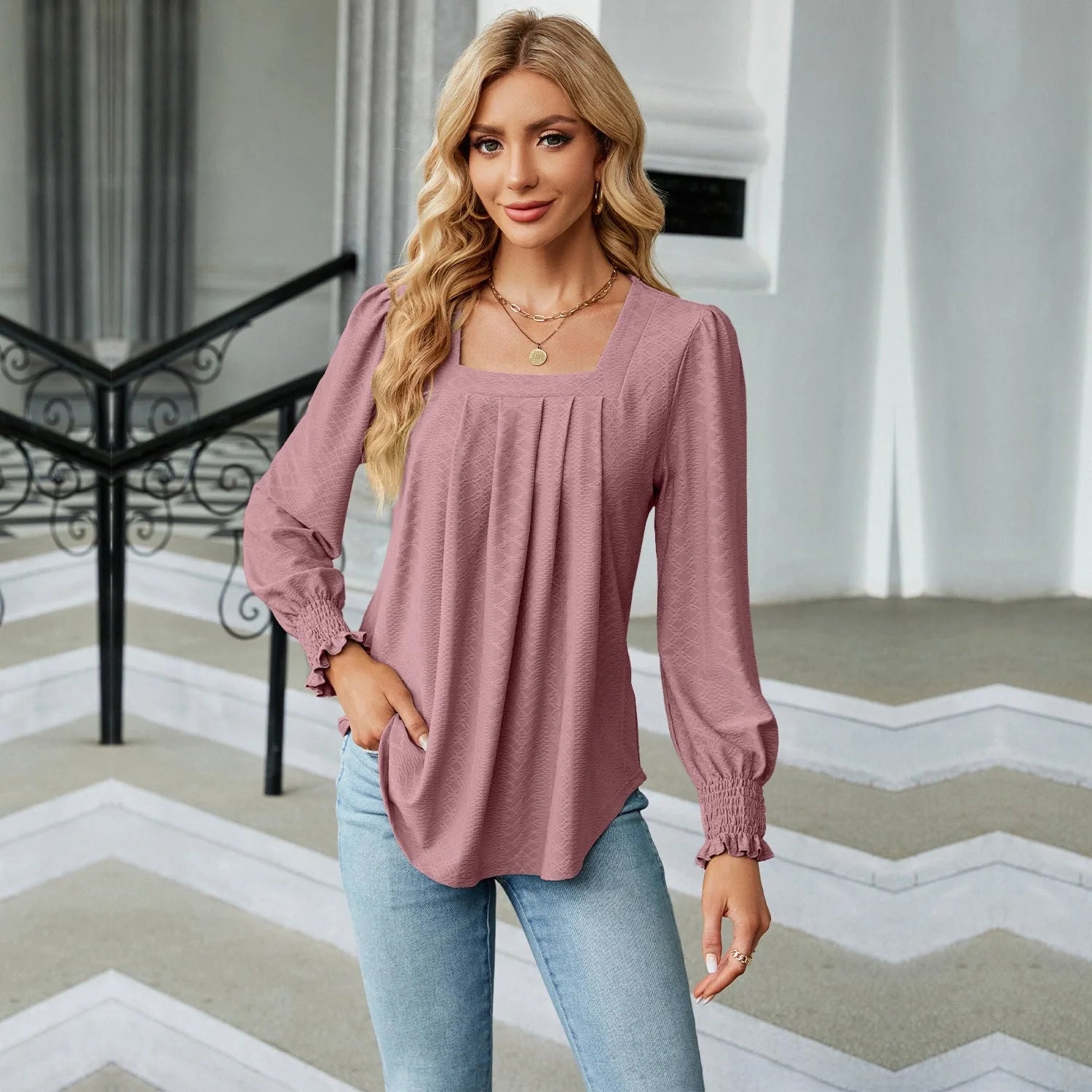 Jacquard pleated square neck T-shirt in various colours