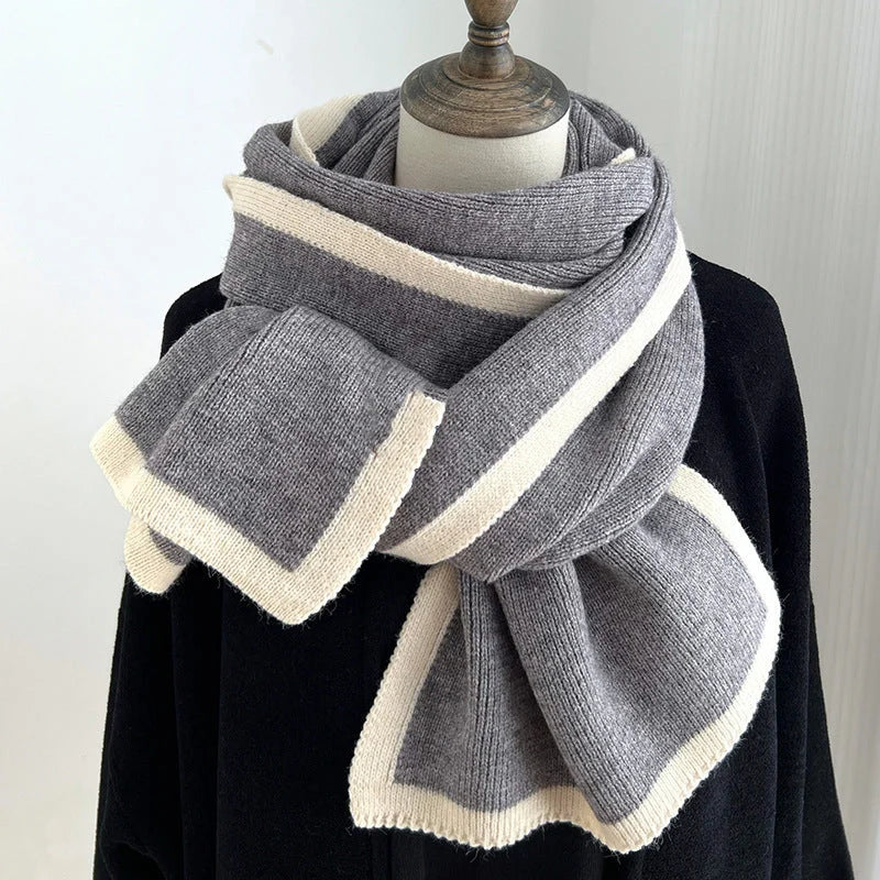 Knitted wool scarf with colourful borders, perfect for winter fashion