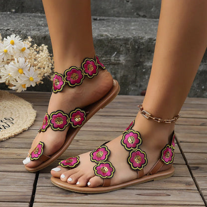 Ethnic style flowers flat sandals for women with fish mouth toe and floral design