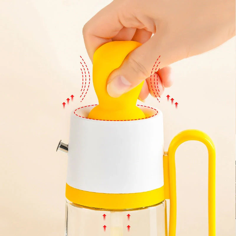 2-in-1 oil dispenser with silicone brush for BBQ and cooking, available in yellow, green, and brown