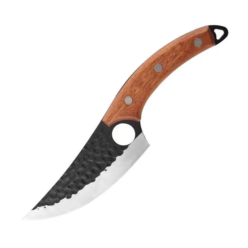 Hand hammered stainless steel boning knife with leather case