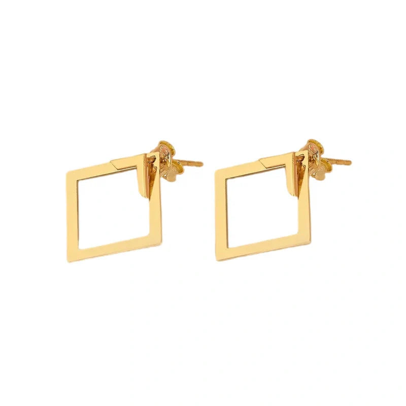 Stylish square geometric titanium steel earrings for women in gold, steel, and rose gold.