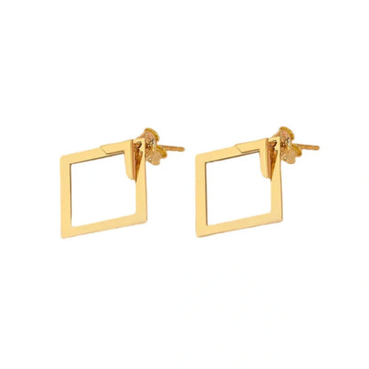Stylish square geometric titanium steel earrings for women in gold, steel, and rose gold.