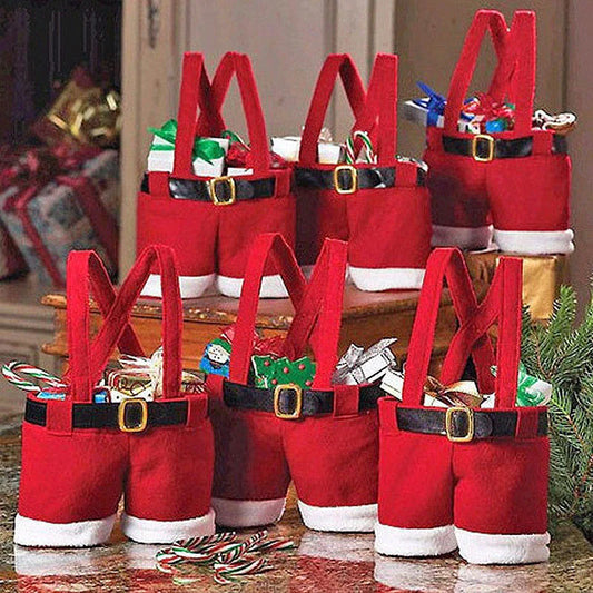 Festive Santa pants-shaped cloth gift bag in red, perfect for holding Christmas candies and small gifts
