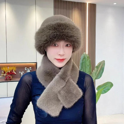 Cosy Mongolian-style unisex winter hat and scarf set in various colours, including black, white, beige, brown, pink, violet, grey, and red