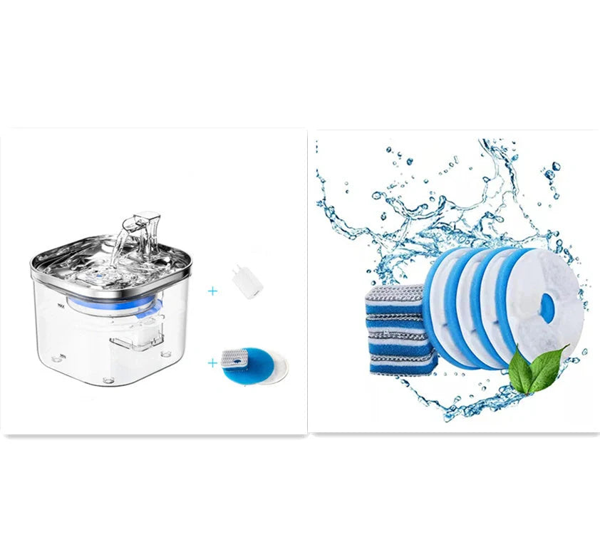Stainless steel automatic pet water dispenser with 2-litre capacity and ultra-quiet pump