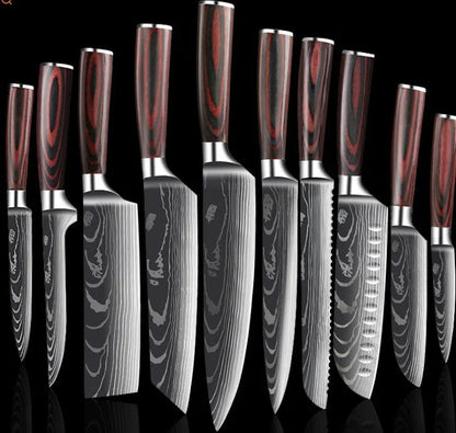Premium 8-Piece Damascus Steel Kitchen Knife Set with Razor-Sharp Blades and Ergonomic Wooden Handles