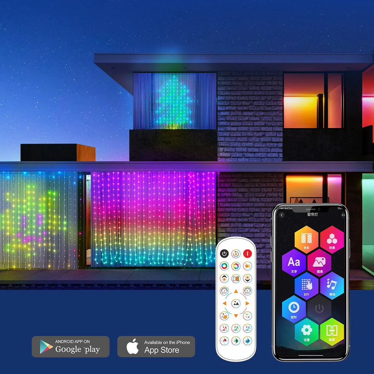Smart LED RGB Curtain String Lights with Bluetooth control and waterproof design