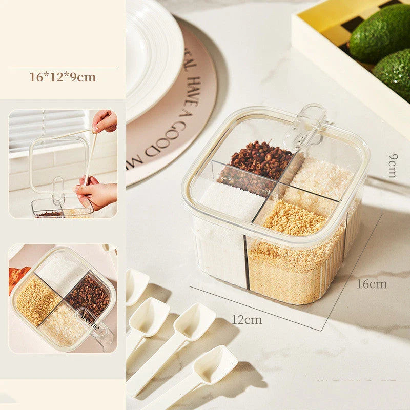 Rotating multipurpose kitchen storage organizer with four compartments for spices, utensils, and other cooking essentials