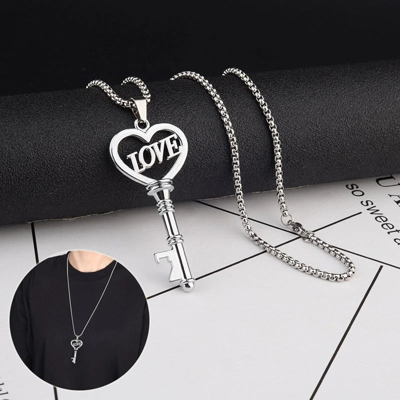 Elegant stainless steel heart key pendant choker necklace for women