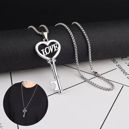 Elegant stainless steel heart key pendant choker necklace for women