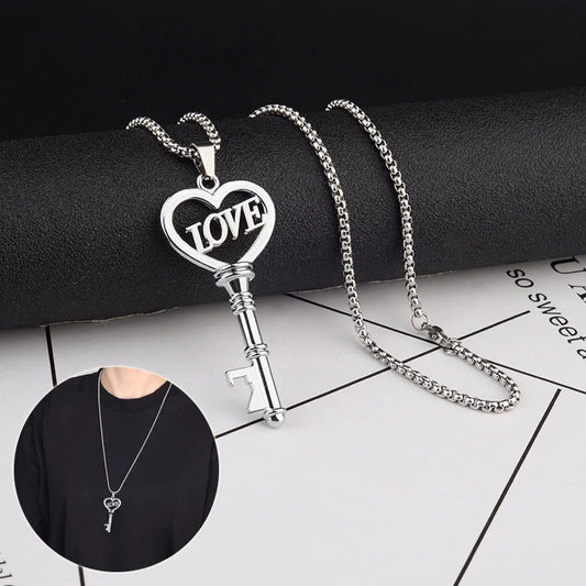 Elegant stainless steel heart key pendant choker necklace for women