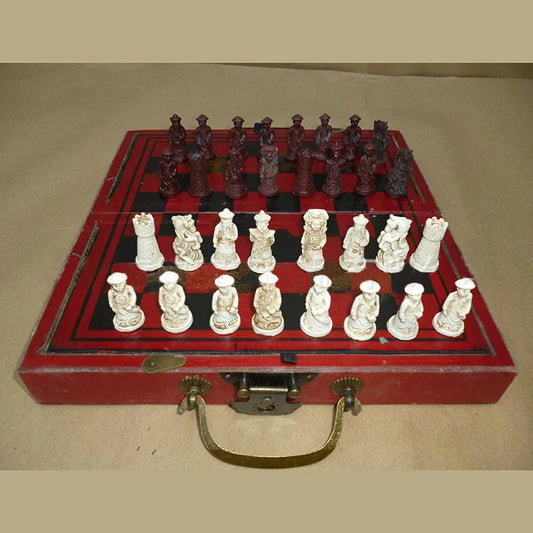 Handcrafted antique terracotta chess set with folding wooden board