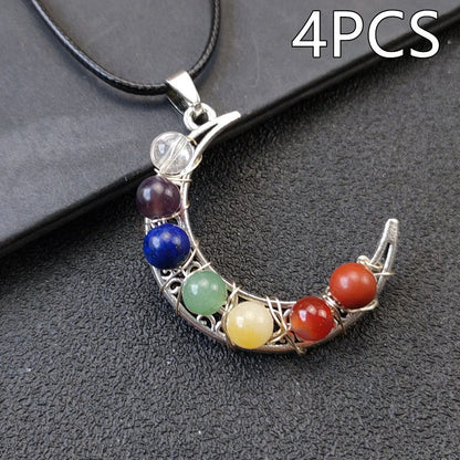 Seven Chakras Crystal Moon Pentagram Necklace in bohemian style