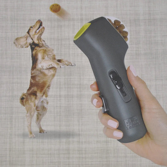 Dog Training Snack Launcher in grey, compact design for interactive pet play