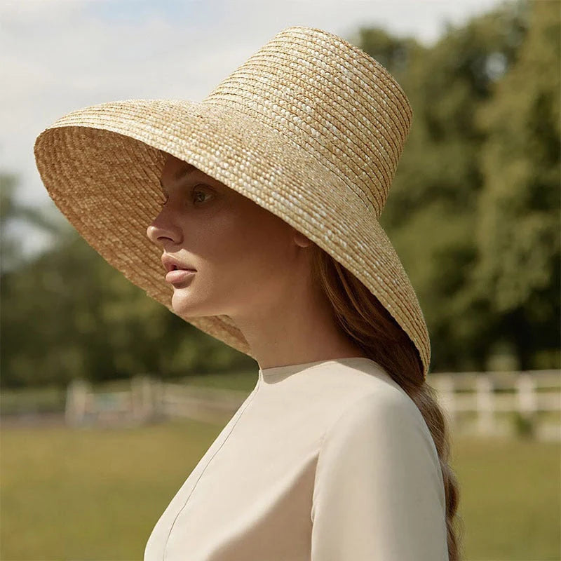 Vintage High Top Big Brim Straw Hat in yellow, perfect for sun protection