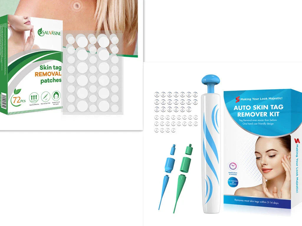 Skin Tag Remover Kit featuring rubber band removal tool, attachments for different tag sizes, and easy-to-clean design for safe at-home use