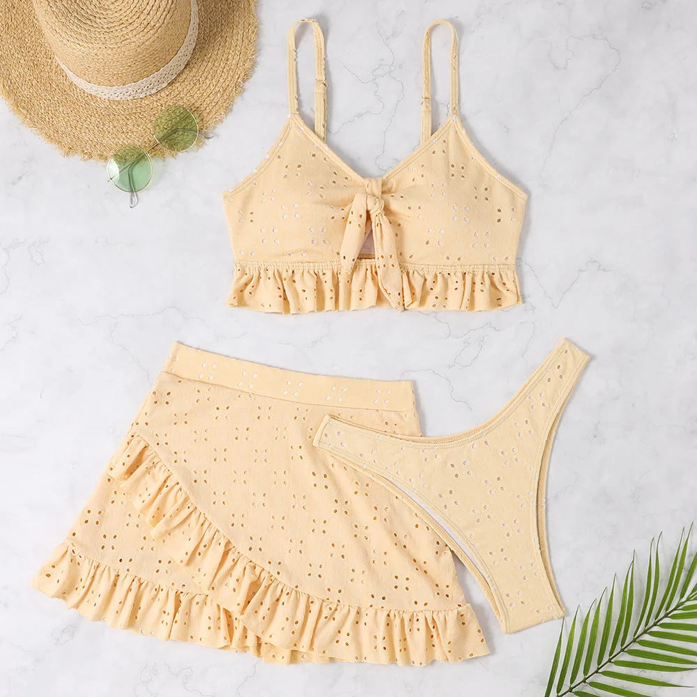 3-piece beach bikini set with hip-hugging skirt and ruffle design in various colours