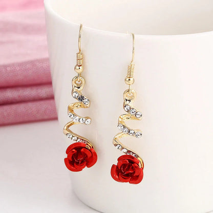 Ethnic Red Rose Drop Earrings with rhinestones for women, golden color, elegant design