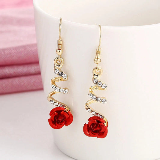 Ethnic Red Rose Drop Earrings with rhinestones for women, golden color, elegant design
