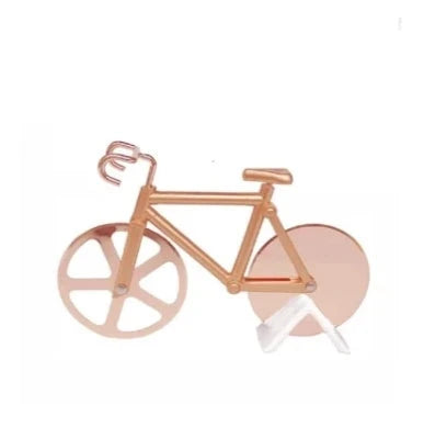 Stainless steel pizza cutter with modern bicycle-inspired design for effortless slicing of pizzas, flatbreads, and more