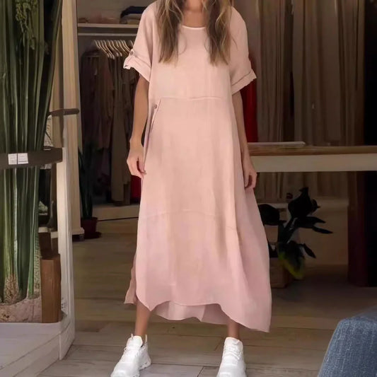 Loose casual short sleeve dress in cotton and linen with 3D effect, available in multiple colours