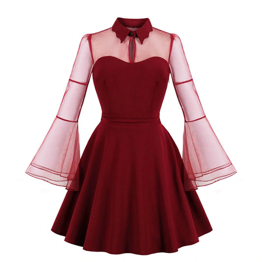 Elegant vintage-inspired dress with big swing skirt, lapel collar, and unique nine-point sleeves