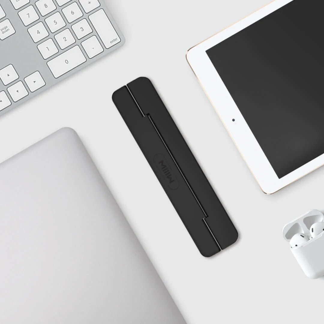 Portable folding laptop stand in black with 8° tilt angle for ergonomic comfort