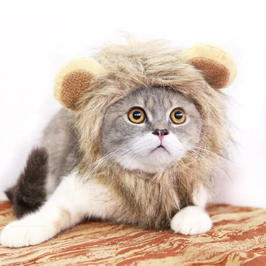 Adorable pet lion mane hat for dogs and cats, featuring a realistic design with a flowing mane and playful ears.