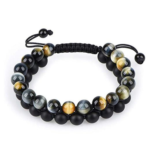 Matte black agate beads and tiger eye couple bracelets with geometric design