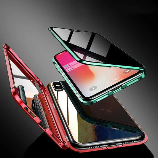 Sleek magnetic privacy phone case with tempered glass protection, compatible with various iPhone models
