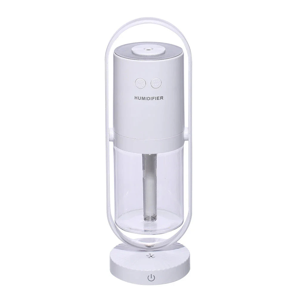 Compact USB Powered Desktop Humidifier with Ambient Lighting, featuring adjustable mist nozzle and romantic starry projection