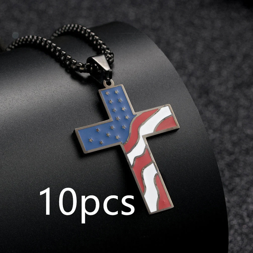 Stainless steel flag cross necklace for men, geometric design, polished finish.