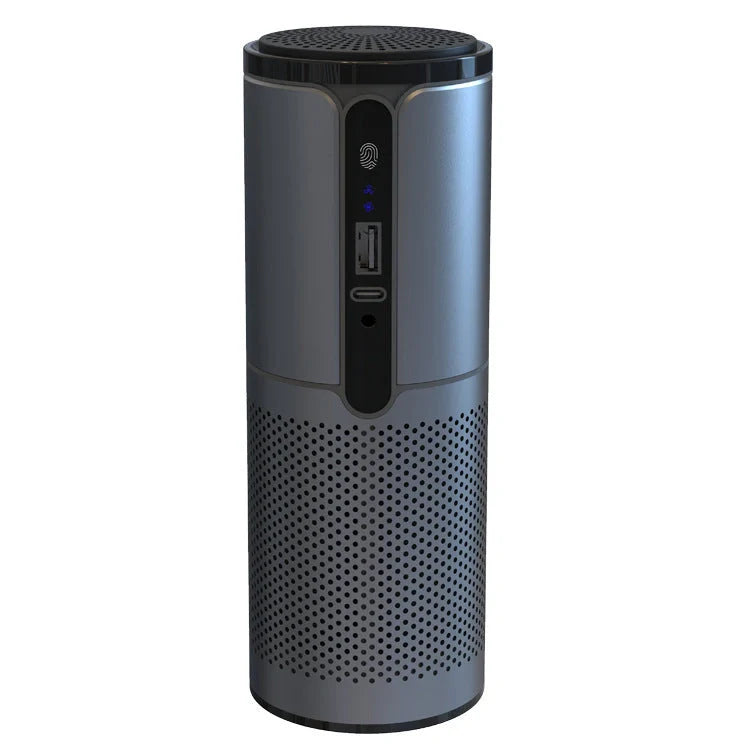 Compact car air purifier with HEPA technology in black, navy blue, rose gold, and dark grey