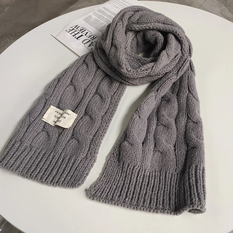 Sweet Labeling 8-word Twist Apricot Small Scarf in deer plush fabric, available in beige, gray, and black.
