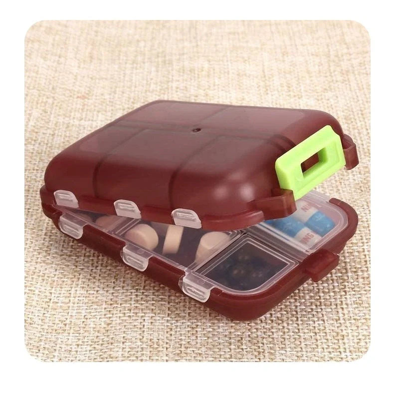 10-grid moisture-proof travel pill organizer in various colours for secure medication storage