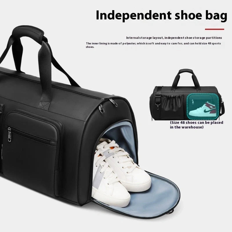 Black waterproof suit bag for men with shoe compartment and dry-wet separation