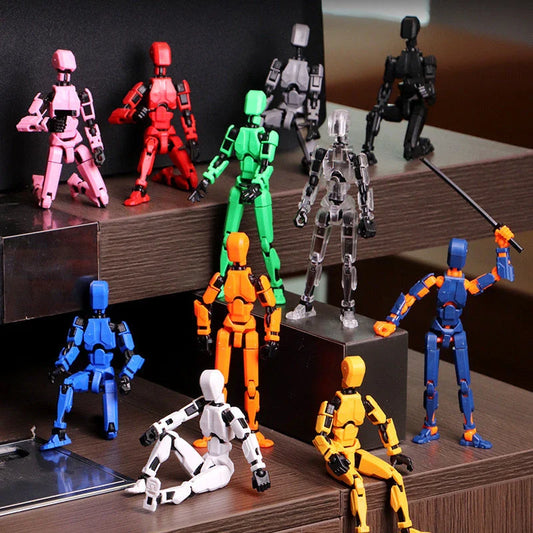 Poseable 3D-printed transforming robot action figure toy in various bright colors
