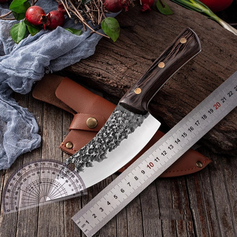 Premium forged picnic knife with leather sheath and solid wood handle