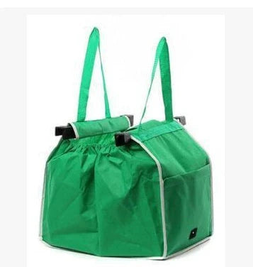 Reusable eco-friendly folding shopper bag in green colour, with generous front pocket and durable, mold-resistant construction