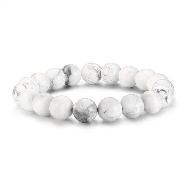 Natural Black Lava Rock and White Stone Stretch Bracelet showcasing unique natural stone beads