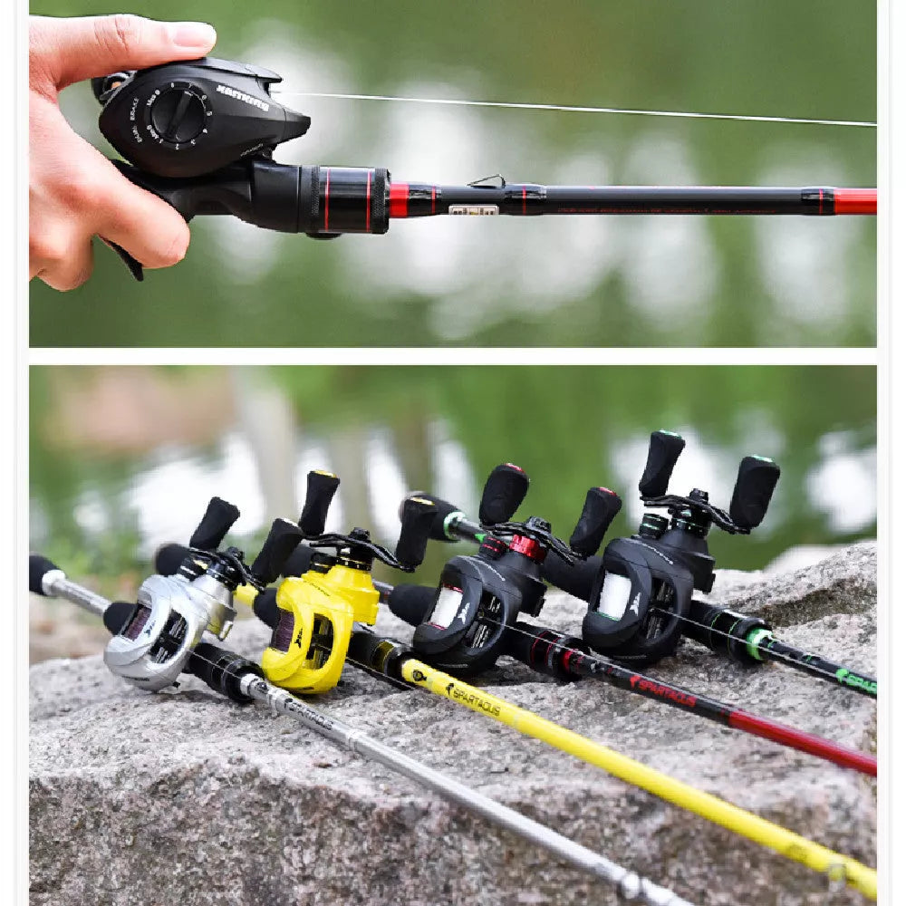 Water Drop Long Throw Lure Fishing Reel with yellow accents and dual braking system